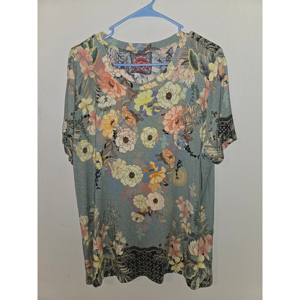 Johnny Was Floral Short Sleeve Tee in Teal with Pink, Yellow & Cream Flowers